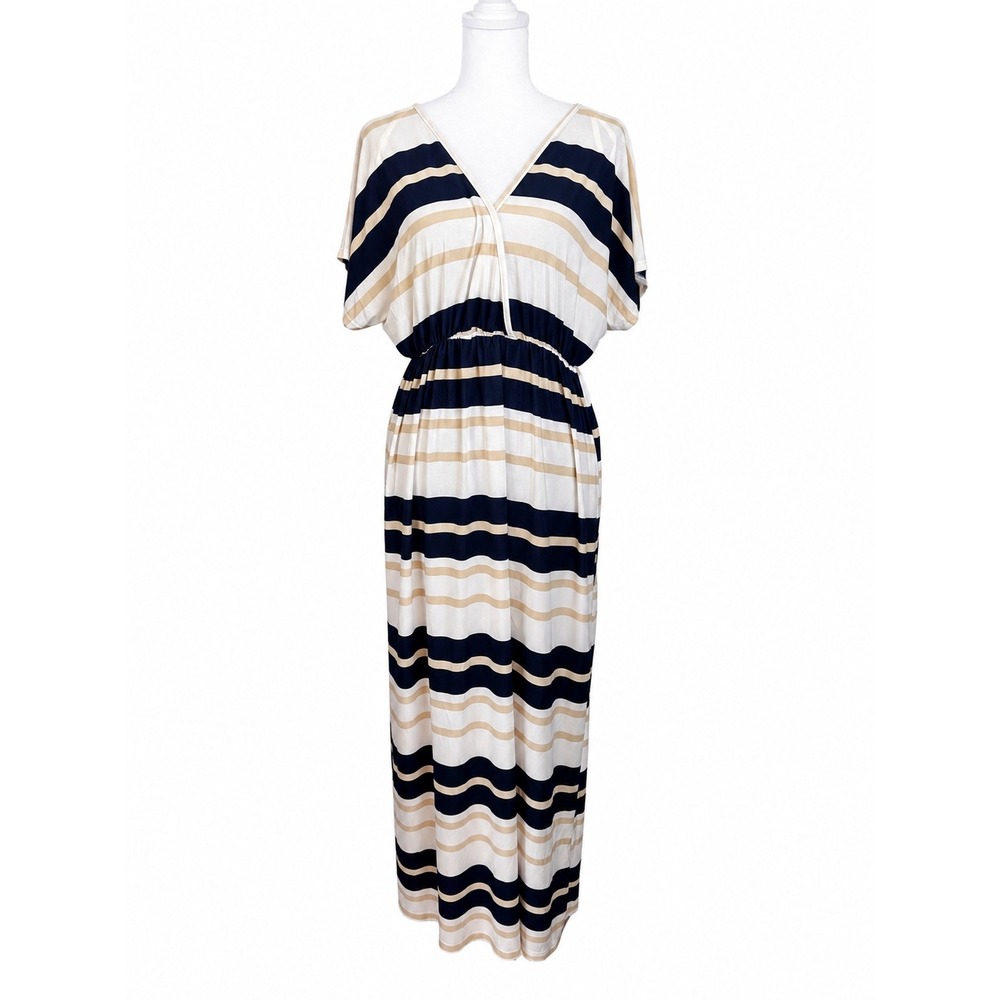 Exist XL Striped Maxi Dress Navy Cream Tan Surplice V Neck Coastal Boho